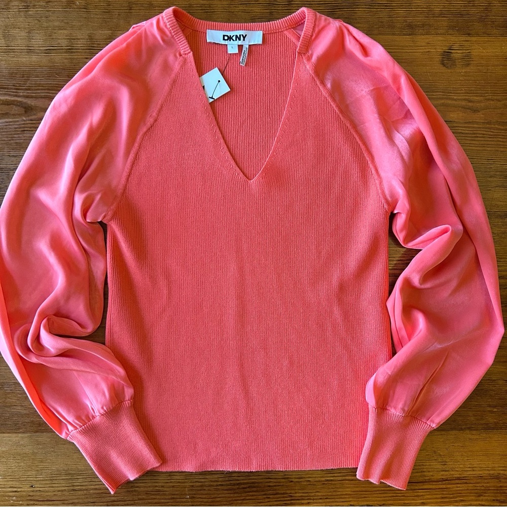 DKNY Coral Crush Mixed Fabric Knit Sweater Top‎ Large